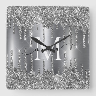 Silver Glitter Drips Monogram Personalized Square Wall Clock