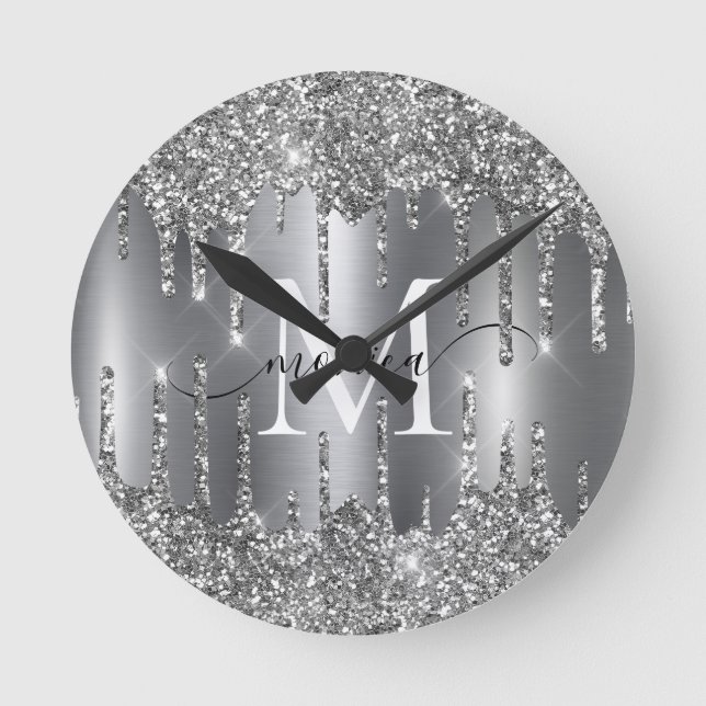 Silver Glitter Drips Monogram Personalized Wall Round Clock (Front)