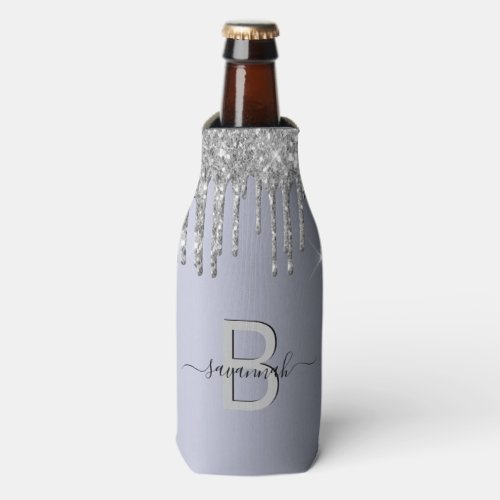 Silver glitter drips name monogram bottle cooler