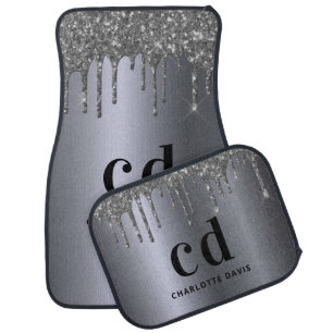 Silver glitter drips name monogram car floor mat