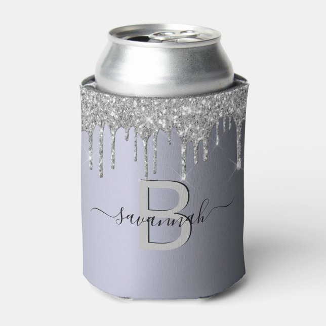 Silver glitter drips name monogram party can cooler (Can Front)