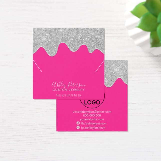 Silver glitter drips neon pink necklace display (Desk)