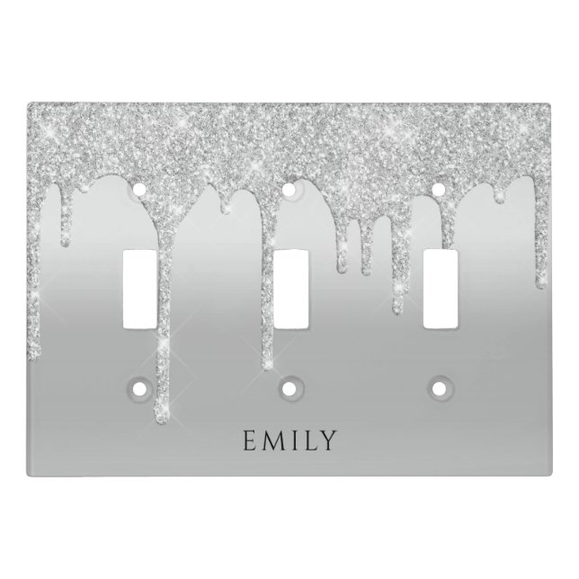 Silver glitter drips on a silver gray background light switch cover (Front)