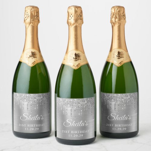 Silver Glitter Drips on Foil 21st Birthday Sparkling Wine Label