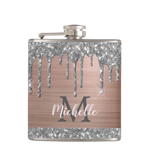 Silver Glitter Drips on Pink Metal Monogrammed Flask