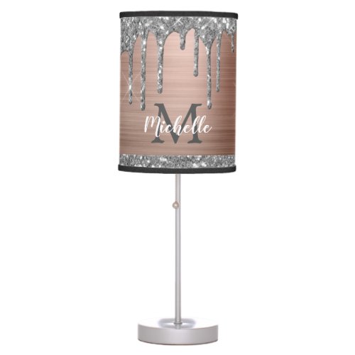 Silver Glitter Drips on Pink Metal Monogrammed Table Lamp