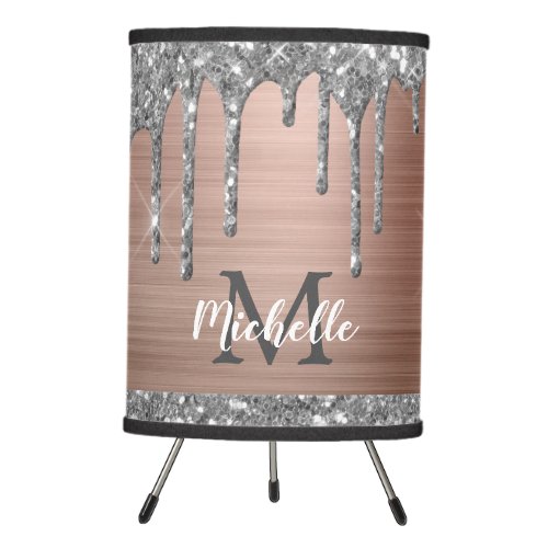 Silver Glitter Drips on Pink Metal Monogrammed Tripod Lamp