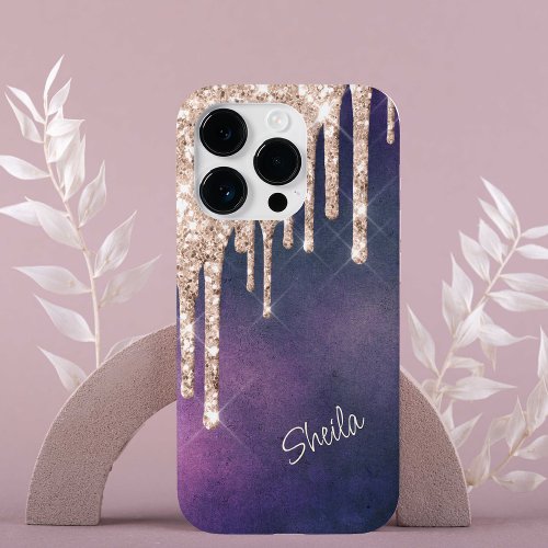 Silver Glitter Drips on Pink Purple Monogram   Case_Mate iPhone 14 Pro Case