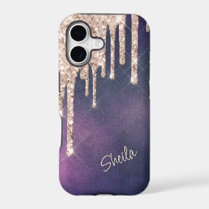 Silver Glitter Drips on Pink Purple Monogram iPhone 17 Case