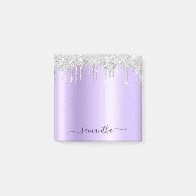 Silver Glitter Drips Pale Lavender Shimmer Post-it Notes (Front)