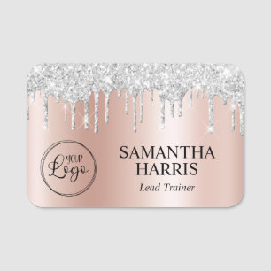 Silver Glitter Drips Pale Rose Gold Ombre Name Tag