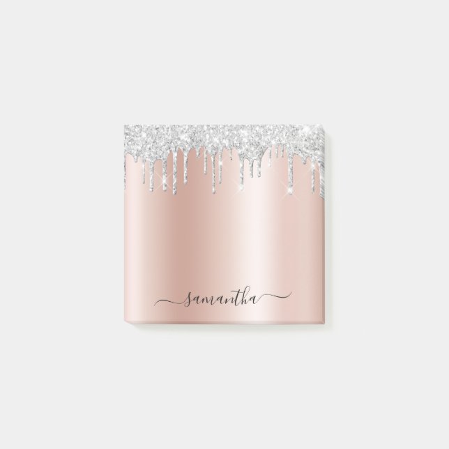 Silver Glitter Drips Pale Rose Gold Shimmer Post-it Notes (Front)