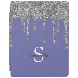 Silver Glitter Drips Periwinkle Blue Monogram Name iPad Smart Cover