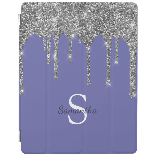 Silver Glitter Drips Periwinkle Blue Monogram Name iPad Smart Cover (Front)