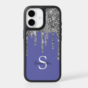 Silver Glitter Drips Periwinkle Monogram Name iPhone 17 Case
