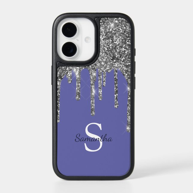 Silver Glitter Drips Periwinkle Monogram Name Otterbox iPhone Case (Back)