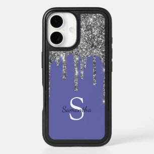 Silver Glitter Drips Periwinkle Monogram Name iPhone 16 Case