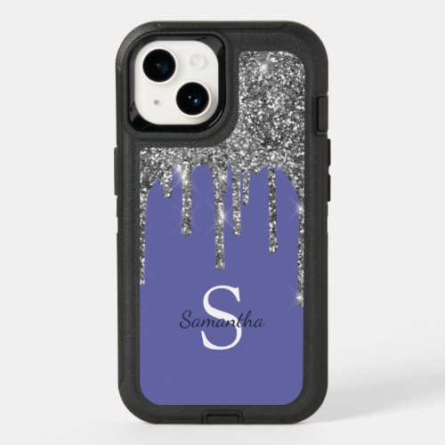 Silver Glitter Drips Periwinkle Monogram Name OtterBox iPhone 14 Case