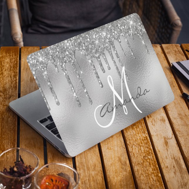 Silver Glitter Drips Personalized Monogram HP Laptop Skin (Creator Uploaded)