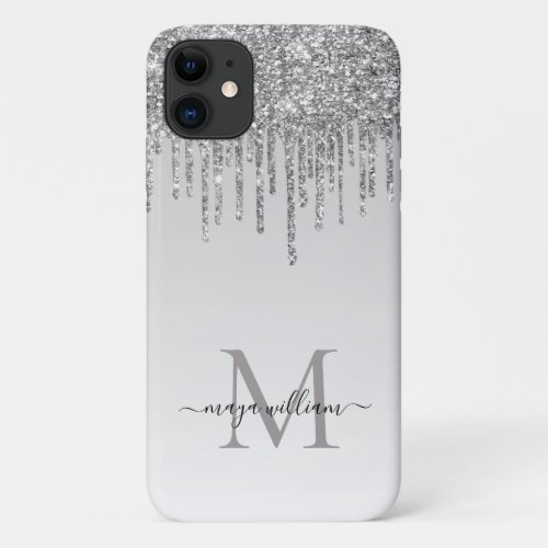  Silver Glitter Drips Personalized Monogram  Name  iPhone 11 Case