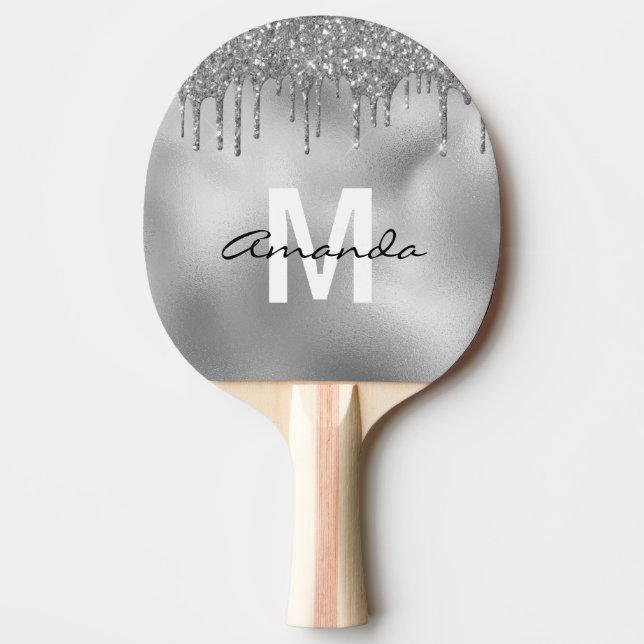 Silver Glitter Drips Personalized Monogram Ping Pong Paddle (Front)