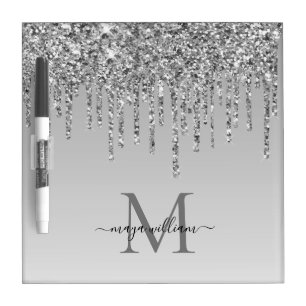 Silver Glitter Drips Personalized Monogram Teacher Dry Erase Board