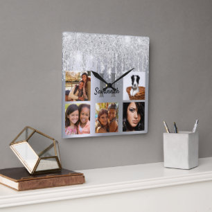 Silver glitter drips photo collage monogram square wall clock