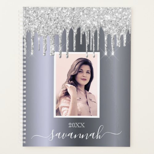 Silver glitter drips photo name script 2024 planner