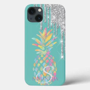 Silver Glitter Drips Pineapple Mint Green iPhone 13 Case