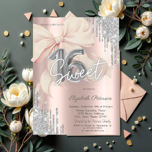 Silver Glitter Drips Pink Bow Rose Gold Sweet 16 Invitation