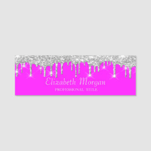 Silver Glitter Drips,Pink Fluorescent Neon Name Tag