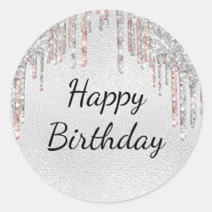 Silver glitter drips pink happy birthday classic round sticker