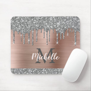 Silver Glitter Drips Pink Metallic Monogram Mouse Pad