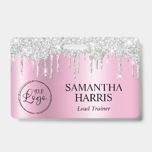 Silver Glitter Drips Pink Shimmer Badge
