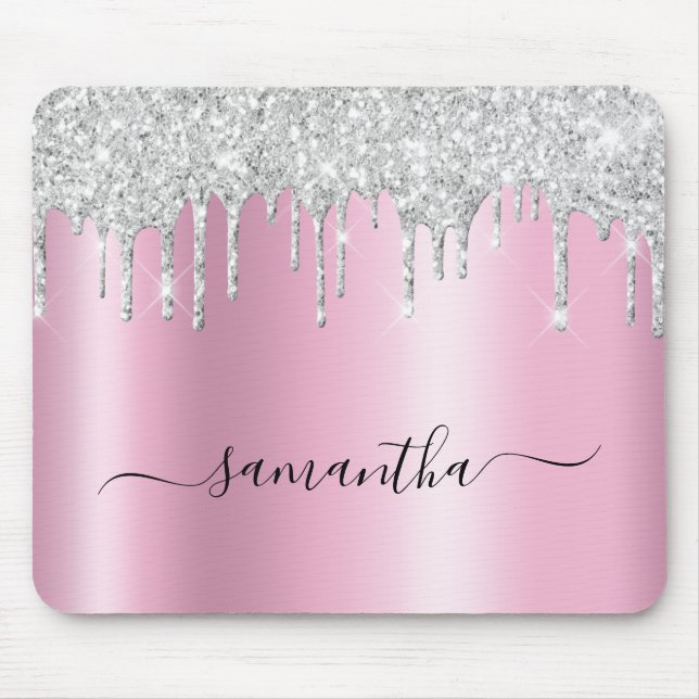 Silver Glitter Drips Pink Shimmer Mouse Pad (Front)