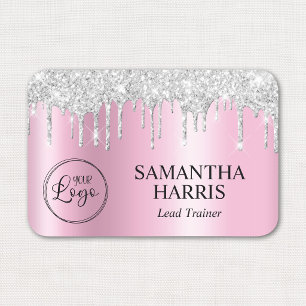 Silver Glitter Drips Pink Shimmer Name Tag