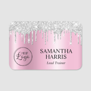 Silver Glitter Drips Pink Shimmer Name Tag