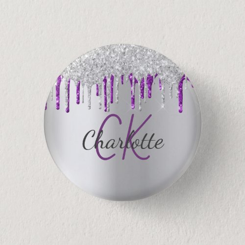 Silver glitter drips purple custom monogram name button