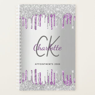 Silver glitter drips purple metal monogram 2023 planner
