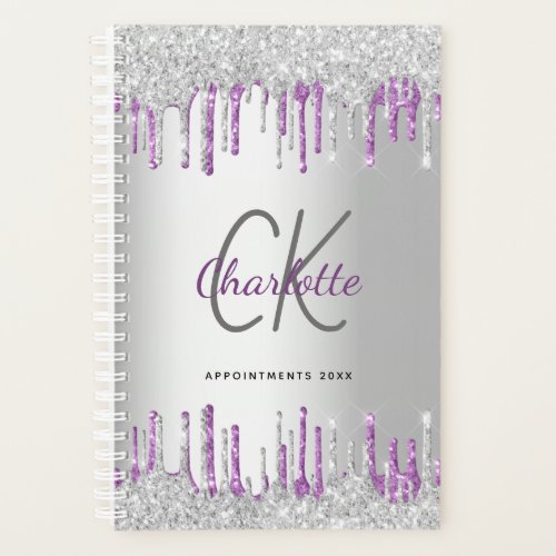 Silver glitter drips purple metal monogram 2023 planner