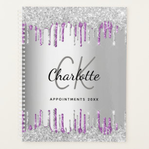 Silver glitter drips purple metal monogram 2025 planner