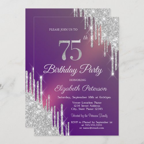  Silver Glitter Drips Purple Photo 75th Birthday   Invitation