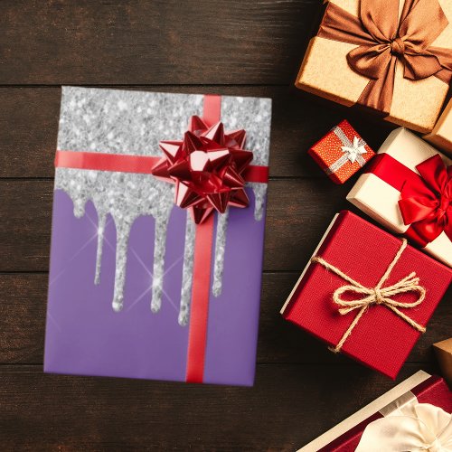 Silver glitter drips purple sparkle birthday wrapping paper