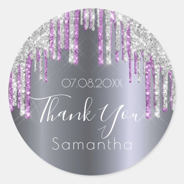 Silver glitter drips purple thank you party classic round sticker (Front)