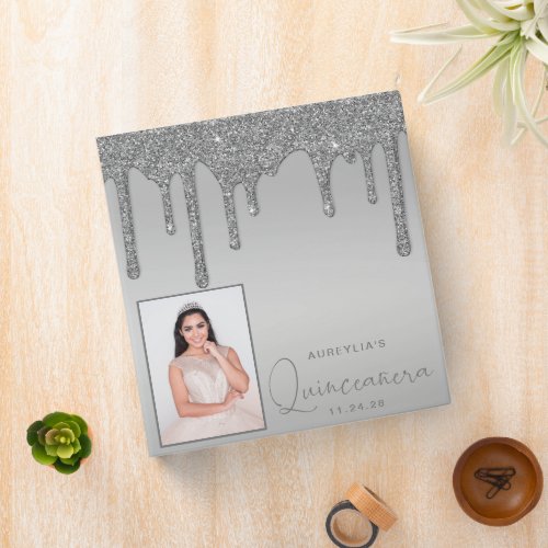 Silver Glitter Drips Quinceanera Photo Album 3 Ring Binder