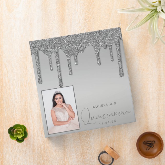 Silver Glitter Drips Quinceanera Photo Album 3 Ring Binder (In Situ)