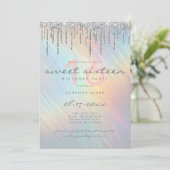 Silver Glitter Drips Rainbow Holographic Sweet 16 Invitation (Standing Front)