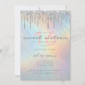 Silver Glitter Drips Rainbow Holographic Sweet 16 Invitation (Front)