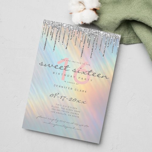 Silver Glitter Drips Rainbow Holographic Sweet 16 Invitation