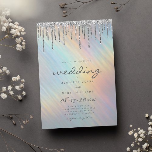Silver Glitter Drips Rainbow Holographic Wedding Invitation